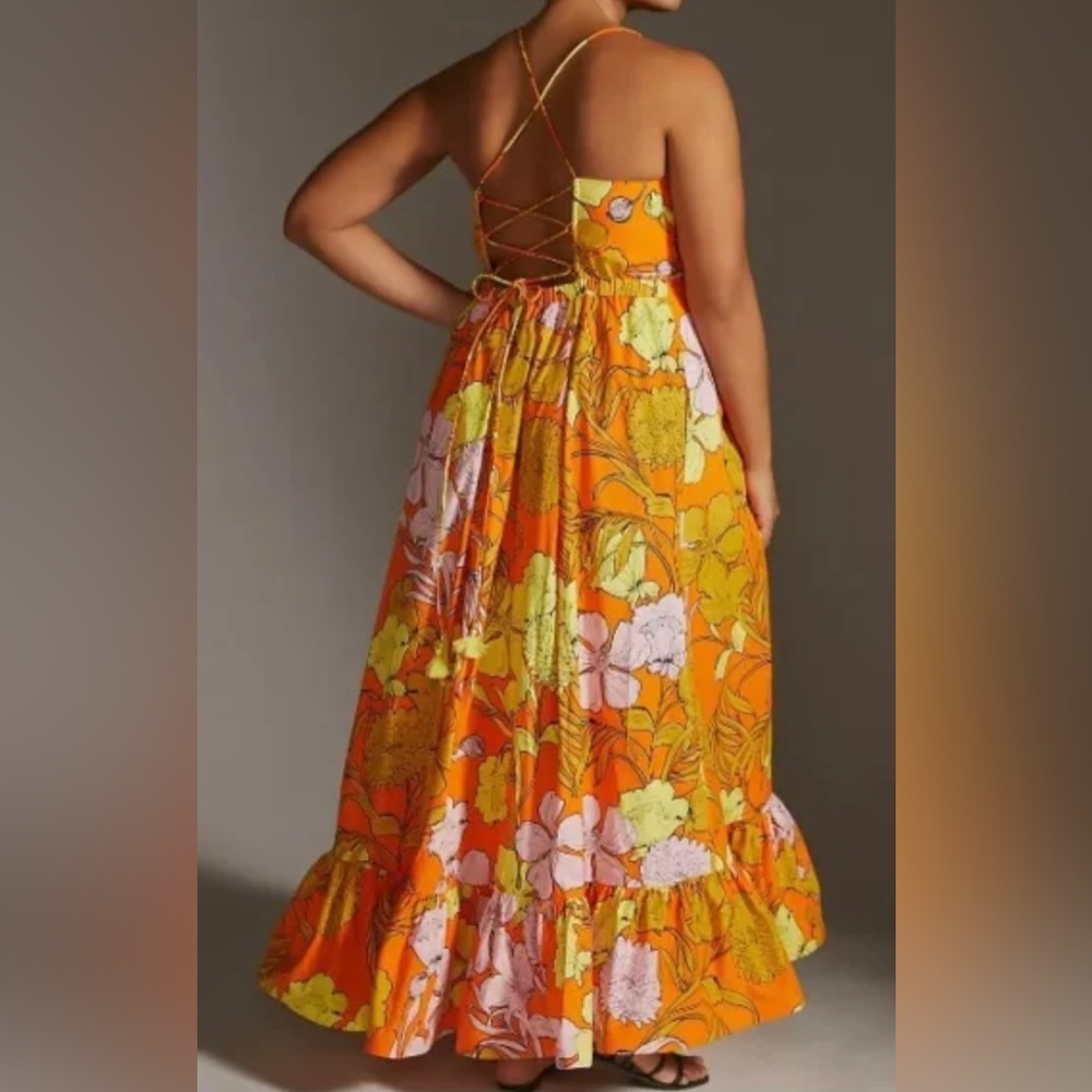 Anthropologie Plenty by Reese Floral Maxi Dress Orange Cotton Cutout back 2X